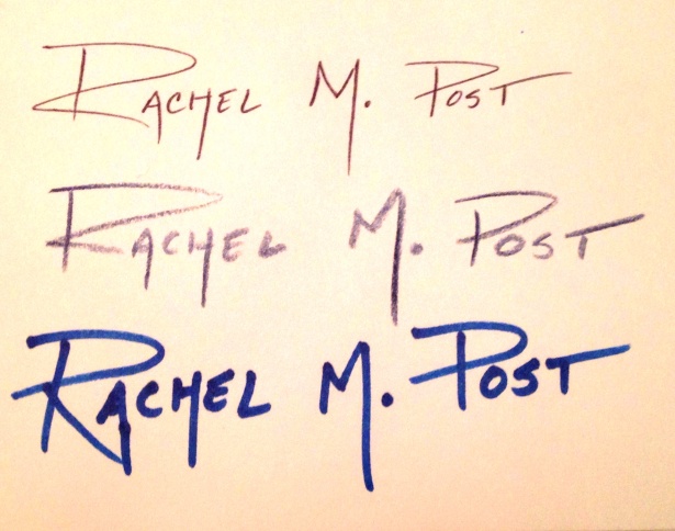 Rachel Post's signature; we created a custom handwriting logo for her using her own signature.