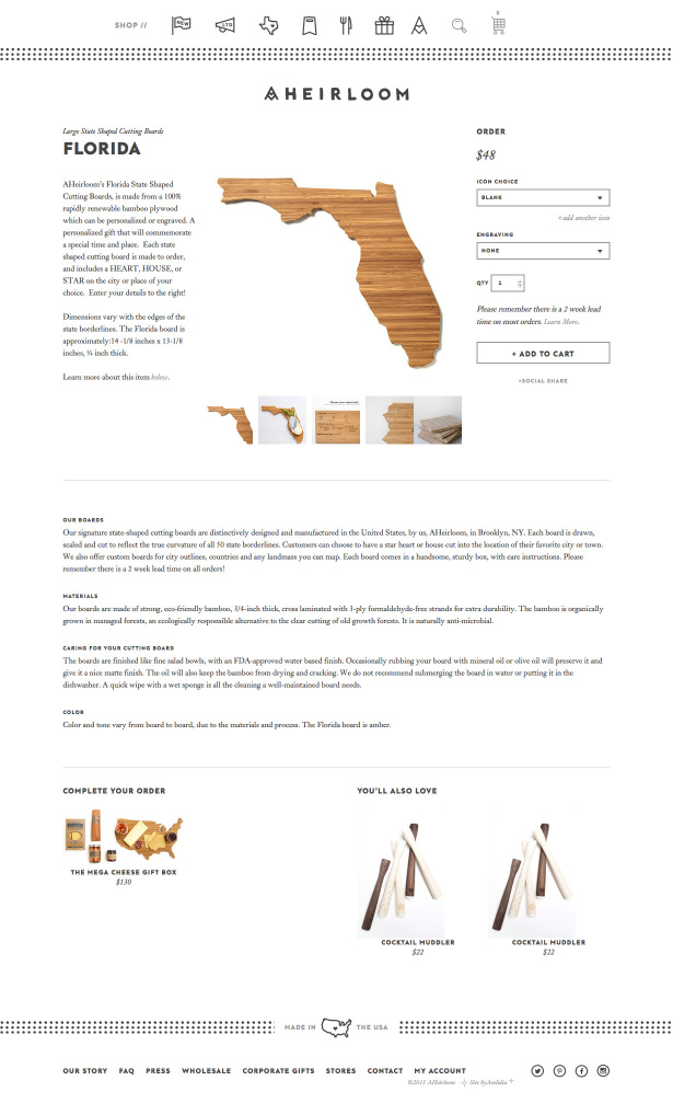 AHeirloom item page, with beautiful photography, product in use, aspirational description, "complete your order" upsell, and "you may also like," as well as customization options, all in one tidy package.