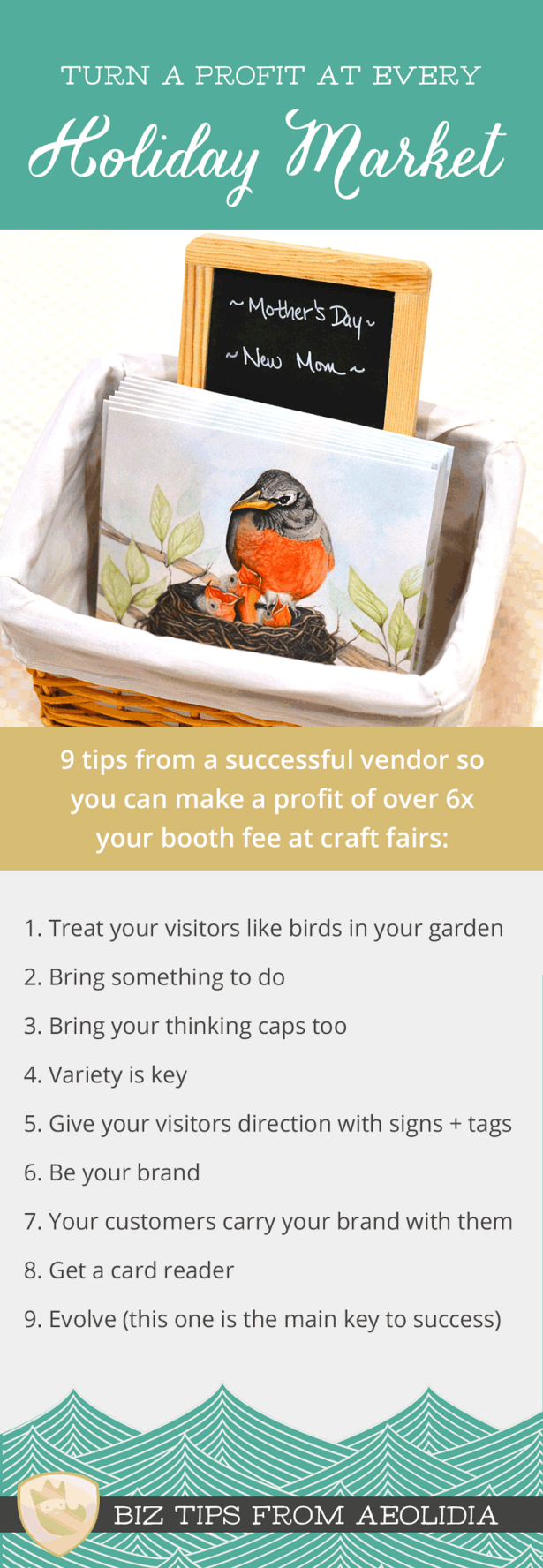 9 tips for making money at craft fairs and holiday markets on the Aeolidia blog.