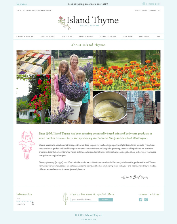 Island Thyme's new About page, after an eco-modern redesign by Aeolidia