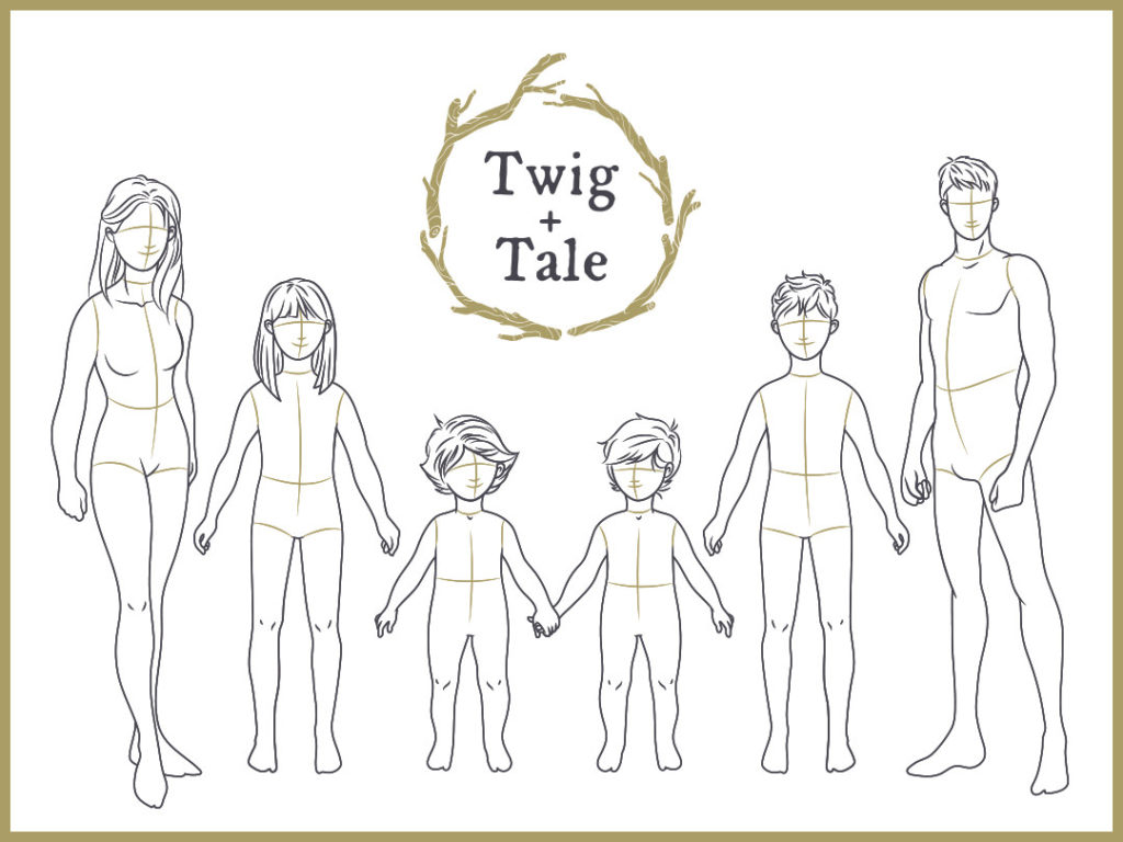 Custom size chart illustration for Twig & Tale, a sewing pattern brand