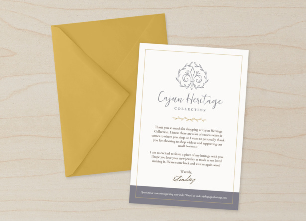 Cajun Heritage thank you cards for a jewelry brand