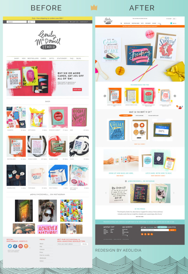 Focus to sell stationery online. Emily McDowell website redesign before and after
