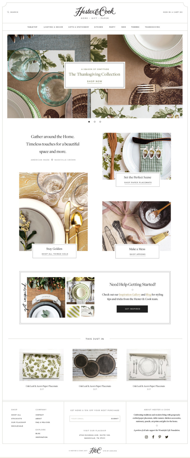Hester and Cook website design for a gift and home décor brand.