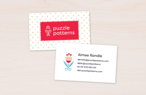 Puzzle Patterns business card design for a maker of clothing patterns.