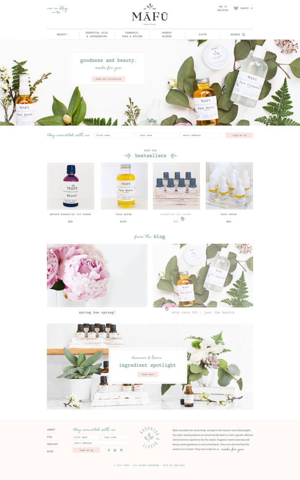 Custom website design for Mafu, maker of botanical health and skincare products.