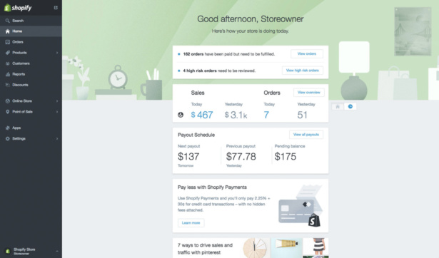 Here's an example of Shopify's dashboard. This platform can handle large inventory easily.
