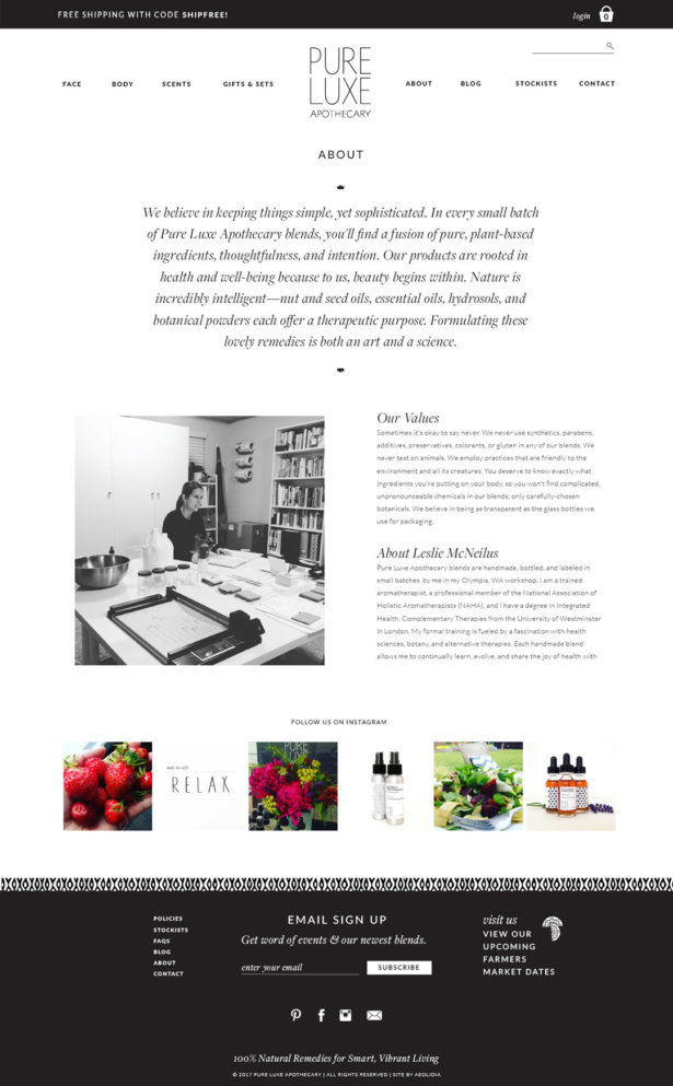 Shopify about page design for an apothecary business