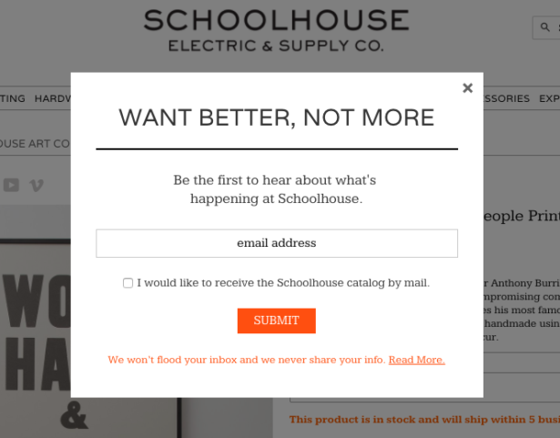 schoolhouse electric email signup popup box copy