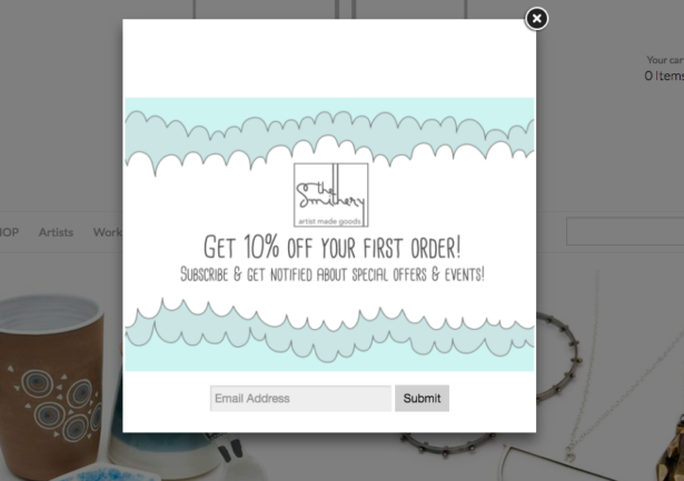 the smithery ecommerce email popup call to action