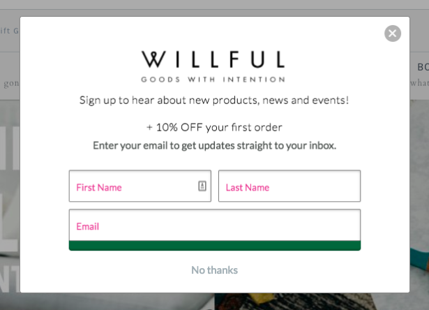 willfull ecommerce popup call to action
