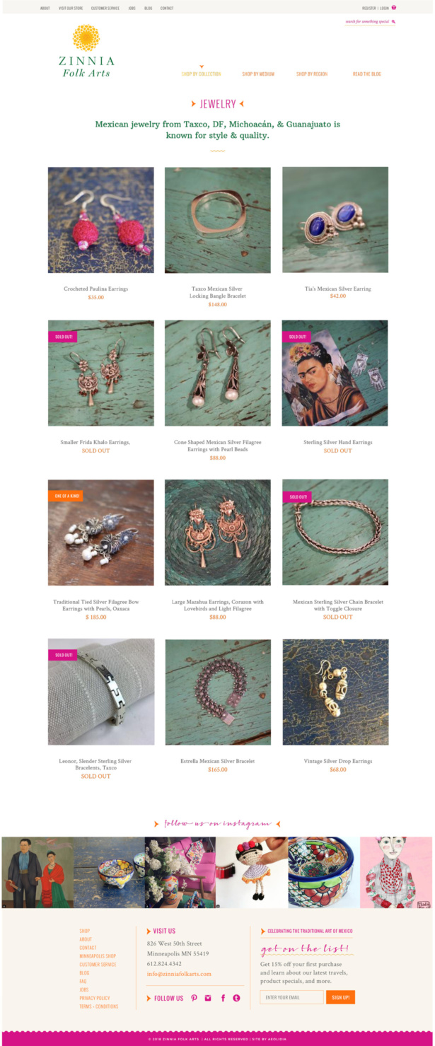 Zinnia Folk Arts Custom Shopify website for a Mexican folk art shop by Aeolidia