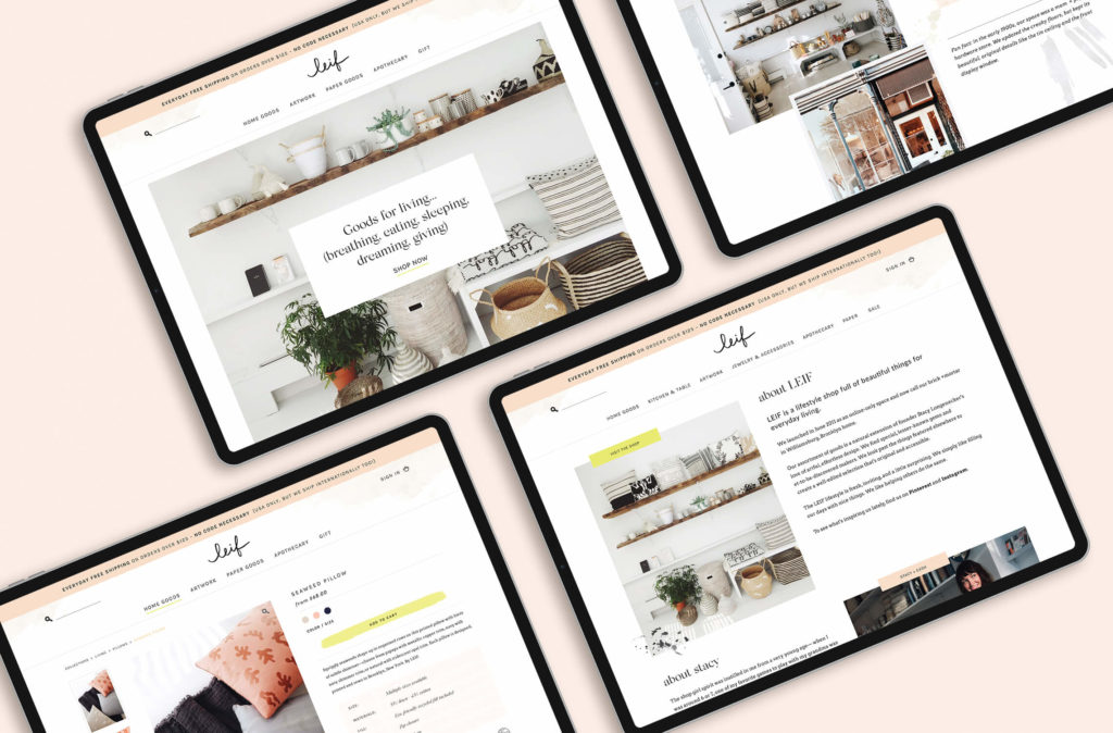 Shopify website page designs for a lifestyle and gift shop. In this blog post we share Shopify limitations and workarounds.