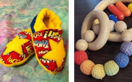 Booties from EG Baby Design; Teether Toys from HABA USA and The Beaded Muse