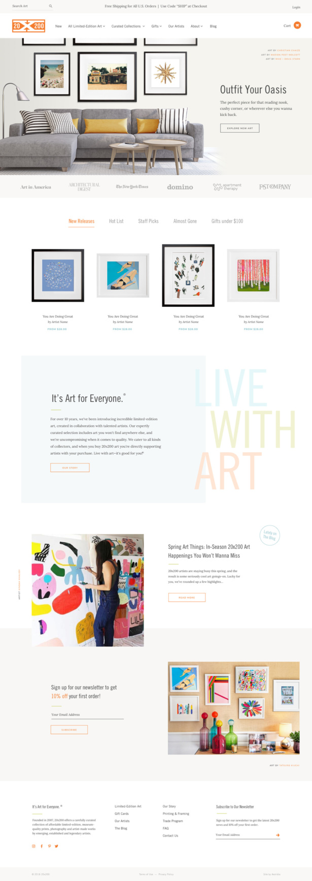 20x200 Custom Shopify home page for art curator