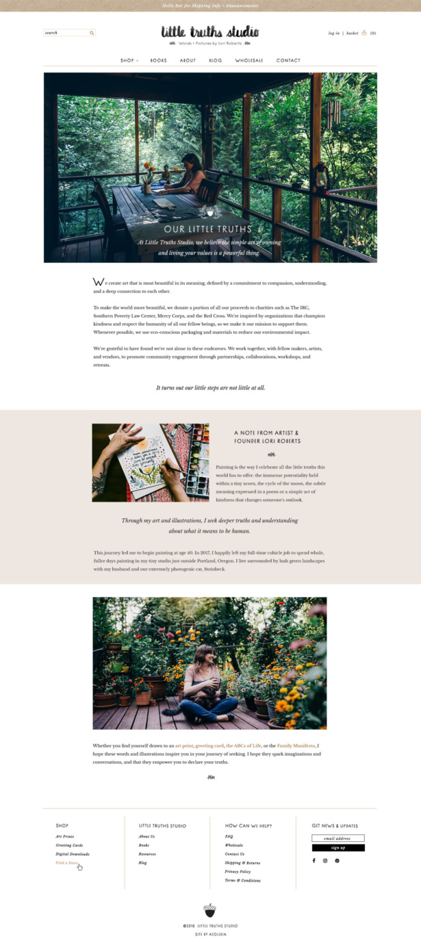 Little Truths Studio custom Shopify about page design for artist and illustrator, Lori Roberts. Hear what Lori says about the importance of investing in your business.