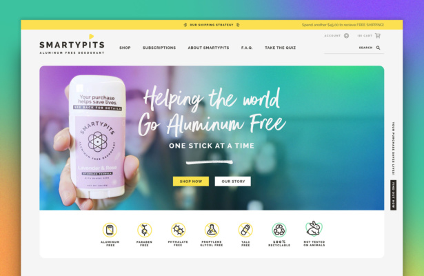 Smarty Pits Custom Shopify website for natural deodorant brand by Aeolidia, ecommerce web designer