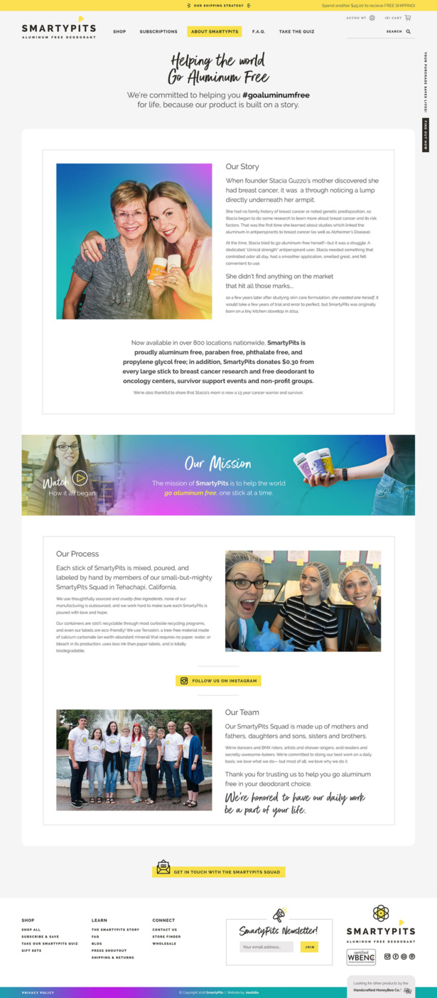 Smarty Pits Custom Shopify about page for natural deodorant brand