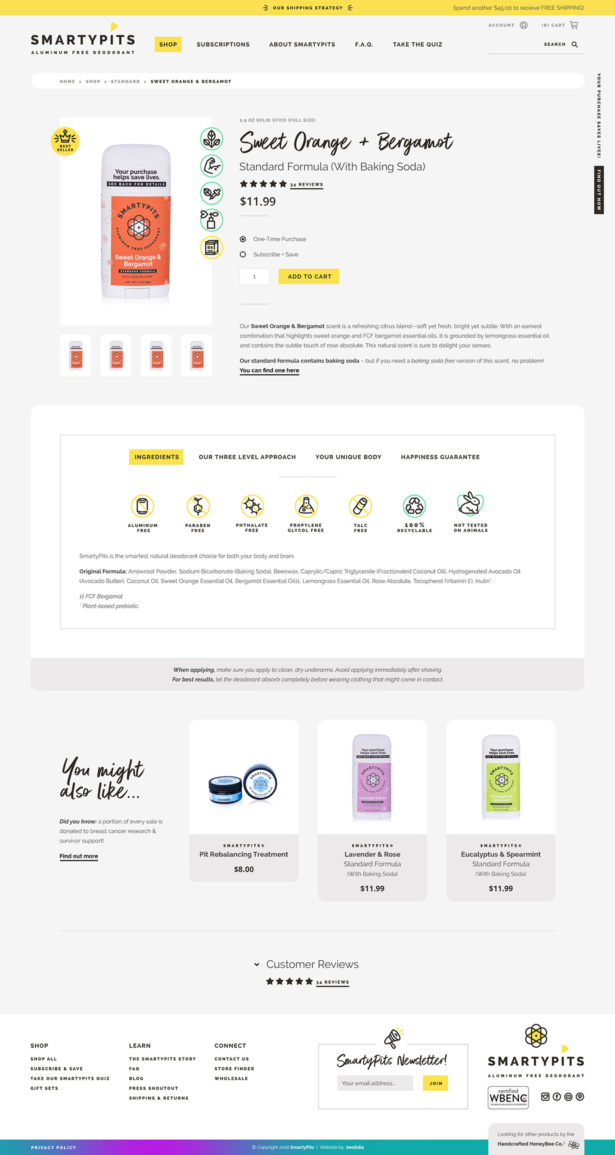 Smarty Pits Custom Shopify product page for natural deodorant brand