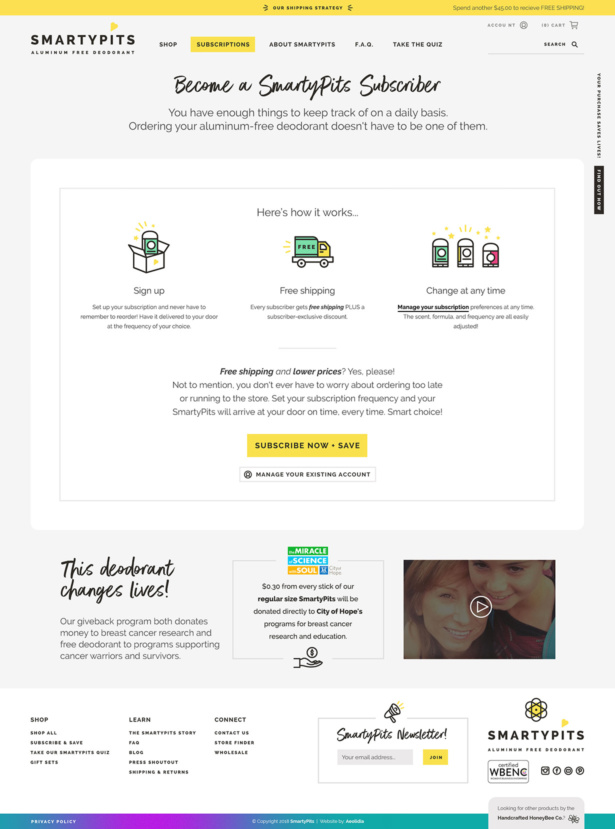 Smarty Pits Custom Shopify subscription page for natural deodorant brand