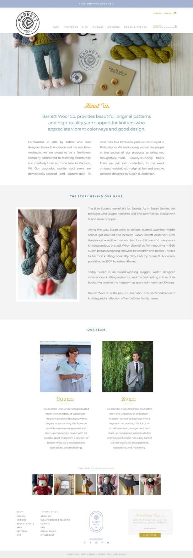 Barrett Wool Co custom Shopify about page design for American-sourced yarn shop