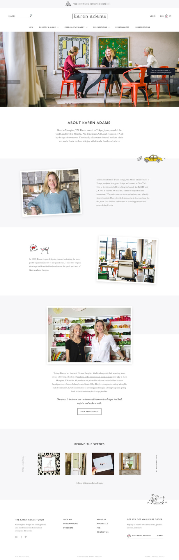Karen Adams Designs custom Shopify about page for stationery line