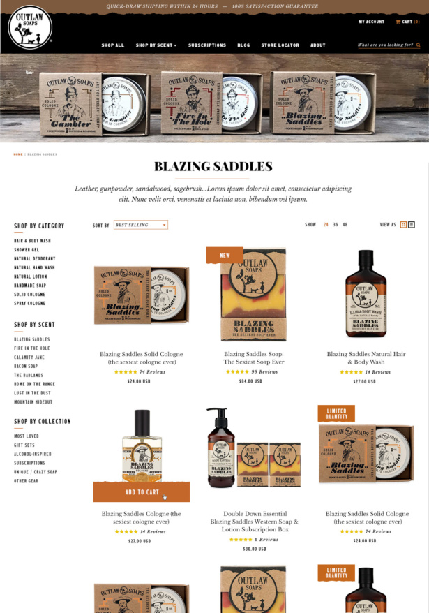 Outlaw Soaps custom Shopify collections page for soap company