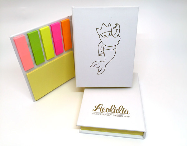 Aeolidia custom-printed sticky book, metallic gold ink