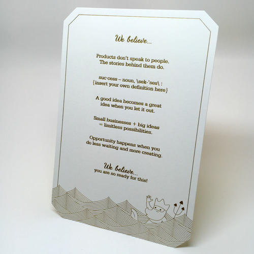 Have I shown off our manifesto lately? Here it is in all its gold foil glory.