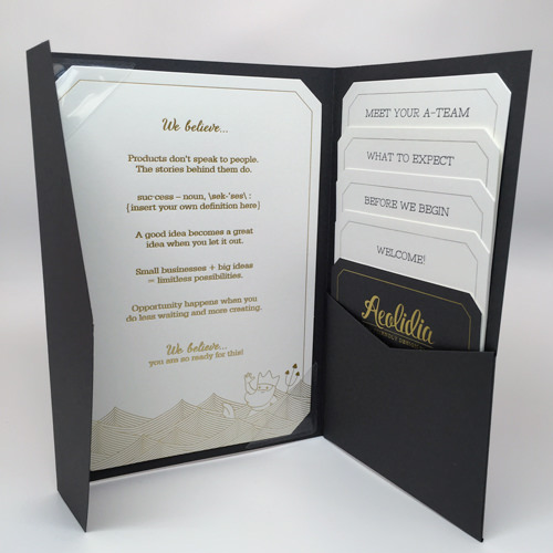 Our gold foil manifesto print, easily removed to save and display. On the right, a set of cards that prepares our client for the Aeolidia experience. That's our business card there, tucked in the front.