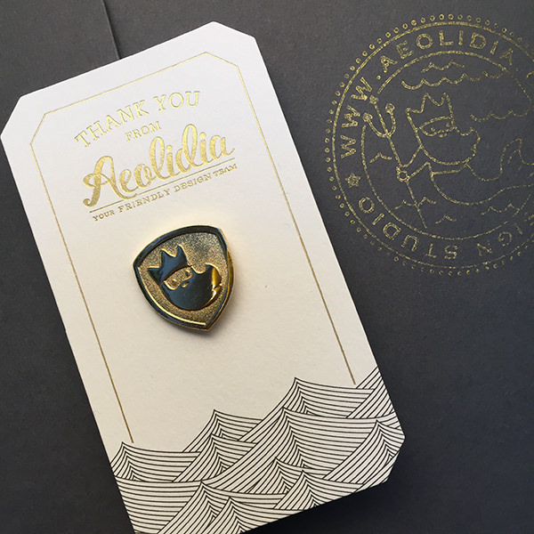 Merman pin on thank you card, sent to our clients after launch.