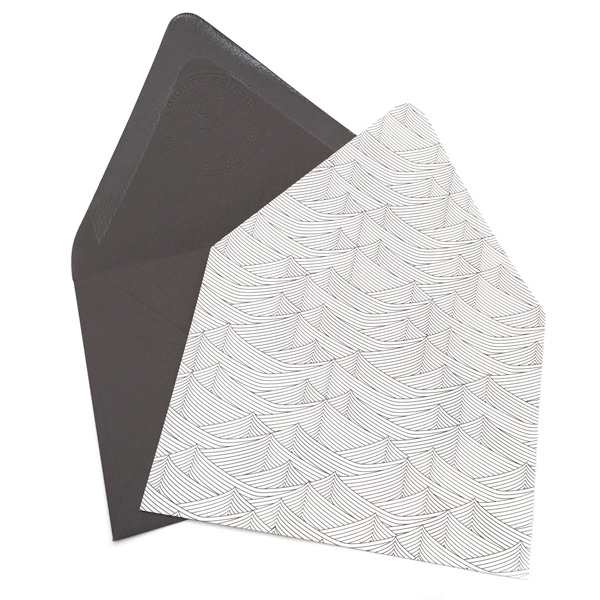 Envelope liner, screen printed with our custom waves pattern and die cut to envelope shape.
