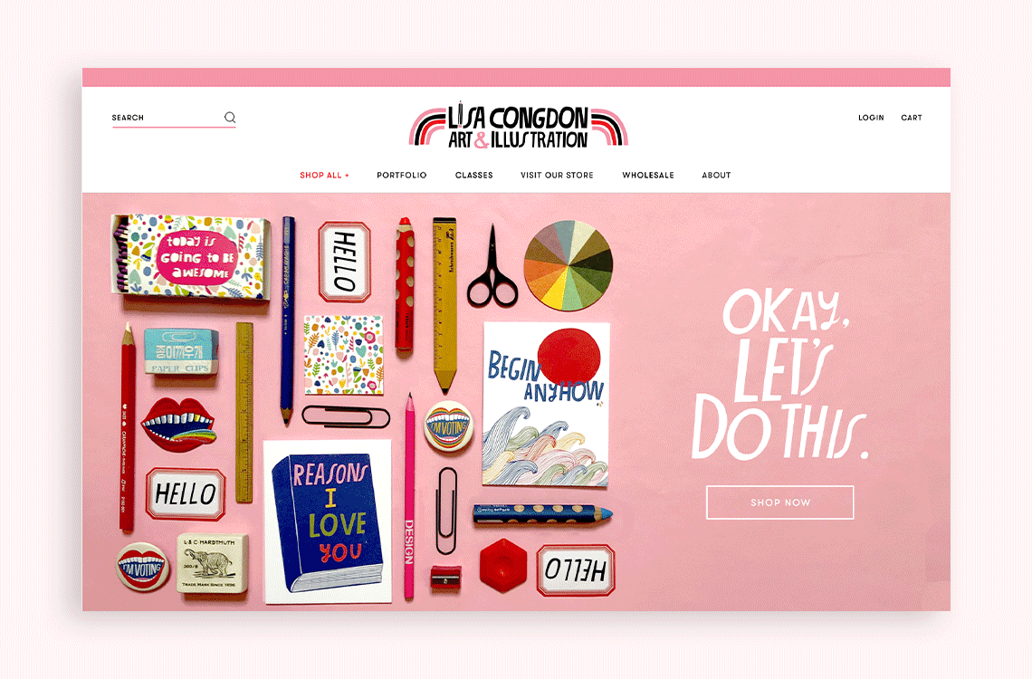 Home page design for Lisa Congdon's custom Shopify website.
