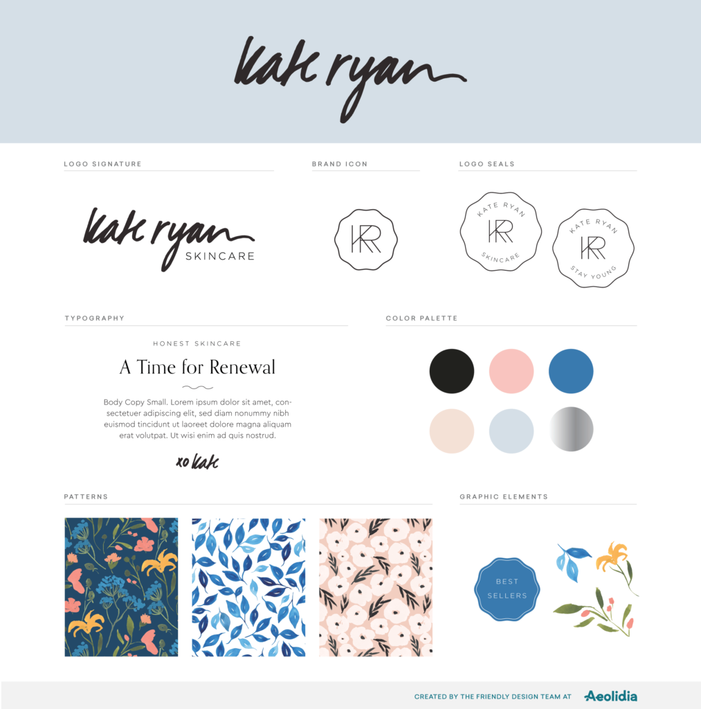 Kate Ryan Skincare - brand styleguide for a natural skincare line. An example of carefully choosing fonts and colors. 
