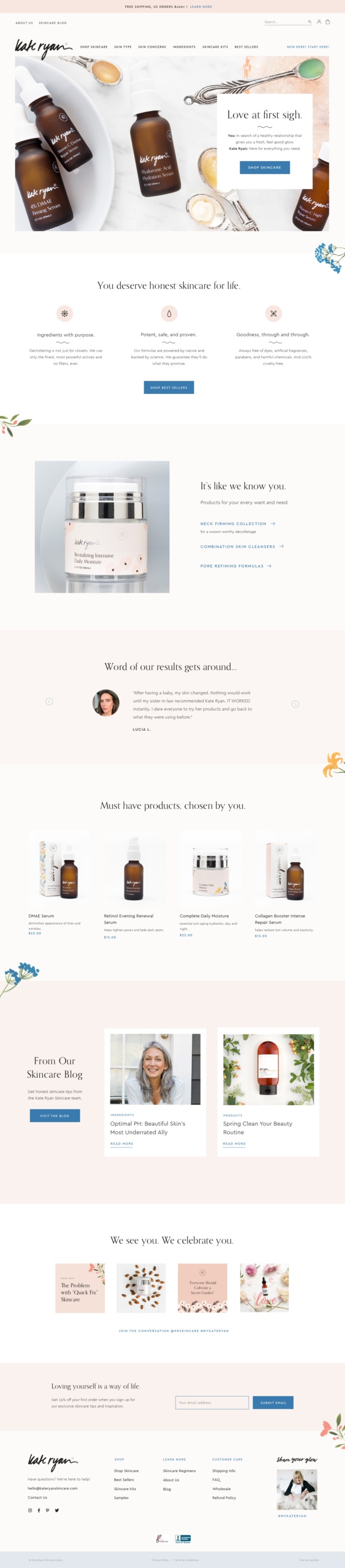 Kate Ryan Skincare custom Shopify website for a skincare line powered by nature and backed by science