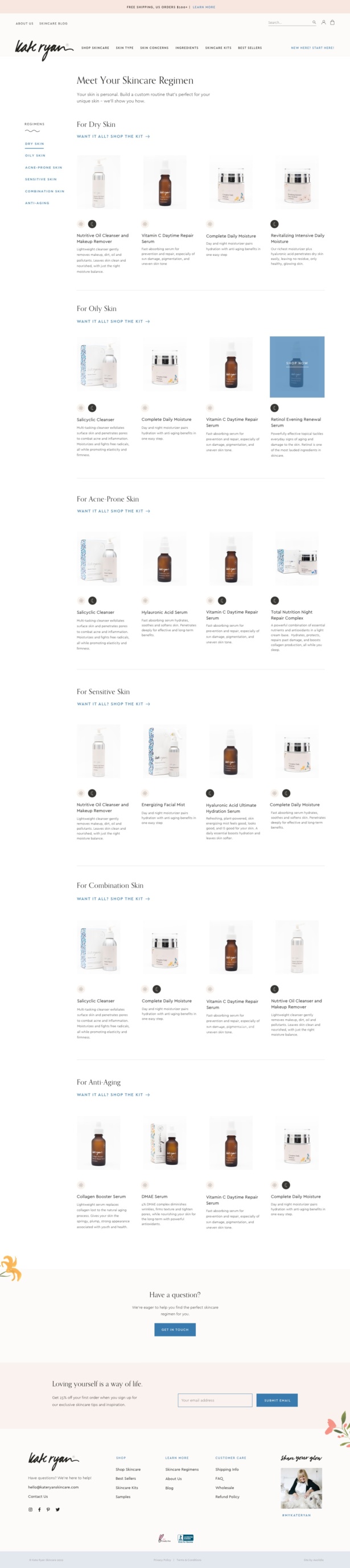 Kate Ryan Skincare custom Shopify website for a skincare line powered by nature and backed by science
