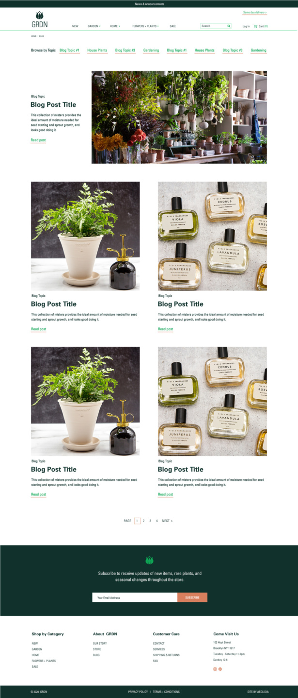 GRDN custom shopify blog page for a Brooklyn-based plant and flower shop