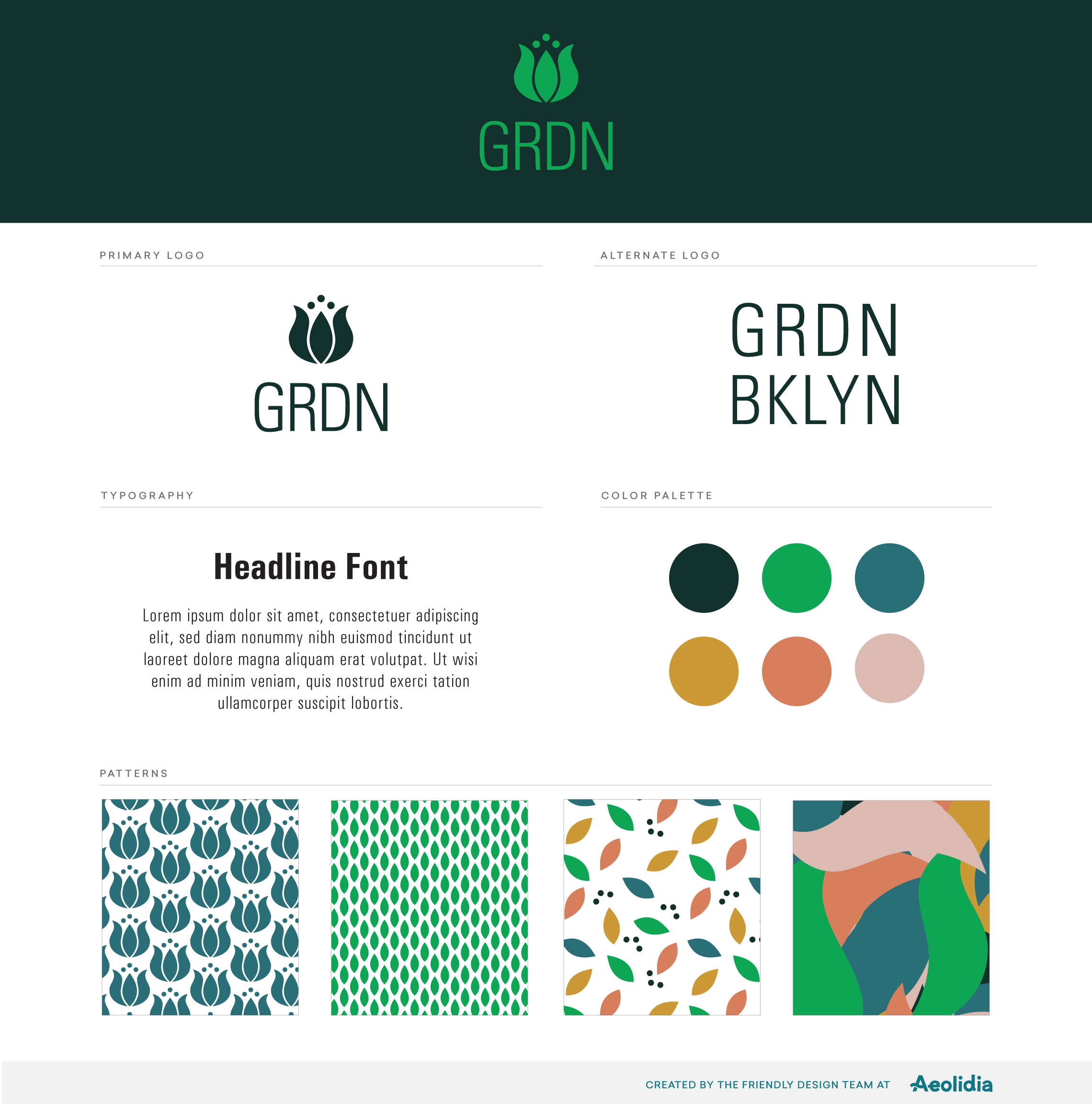 GRDN Brand guide with logo, colour palette, typography, and pattern design.