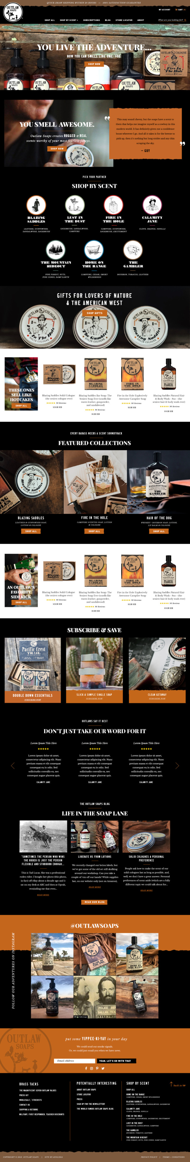 Outlaw Soaps custom Shopify blog page design for soap company