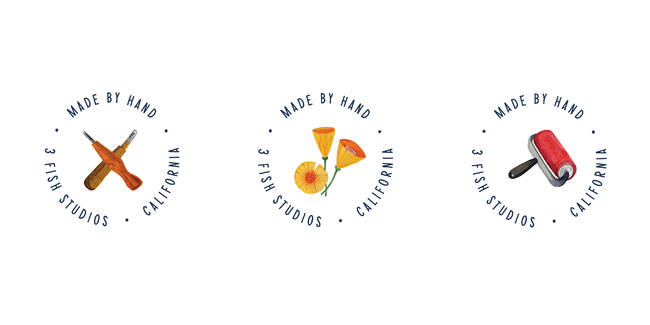 3 Fish Studios - round stamp design for an artist studio.