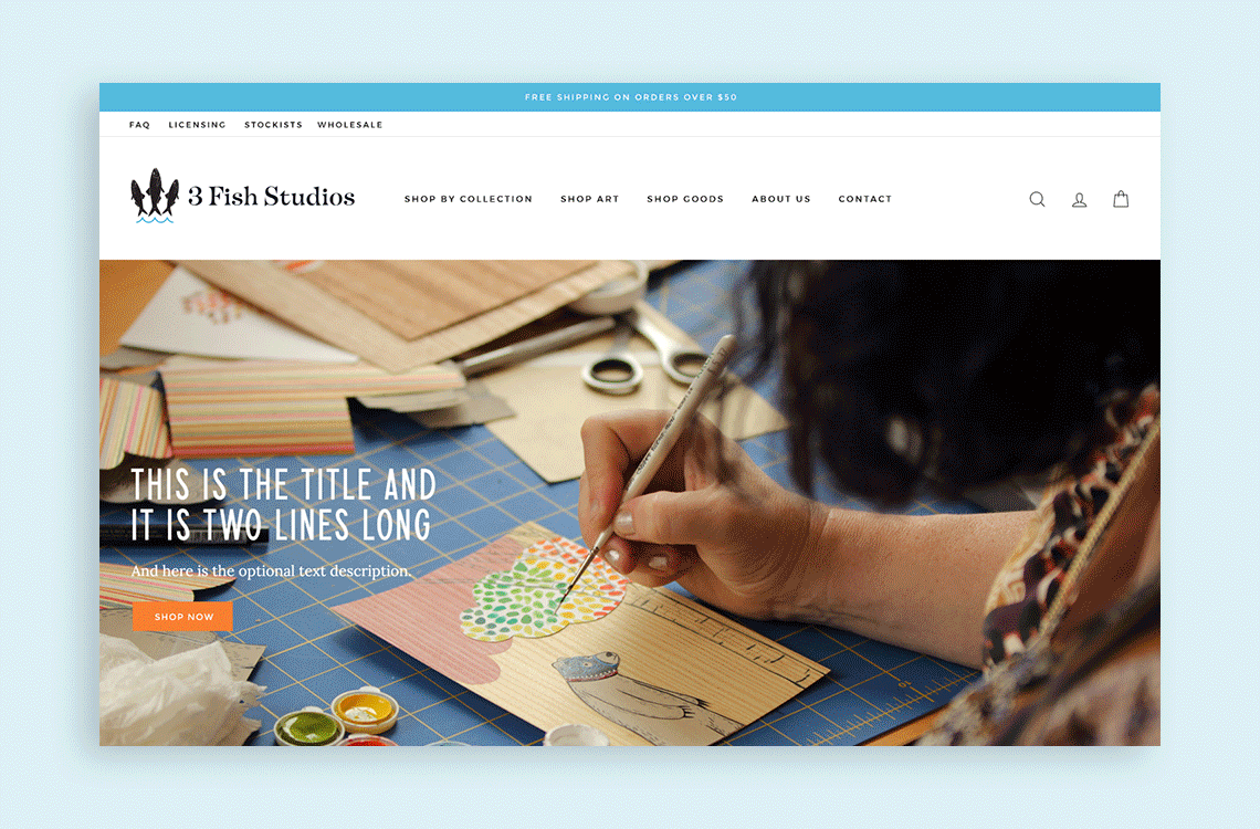 Custom Shopify theme for an artist studio - 3 Fish Studios e-commerce home page design.