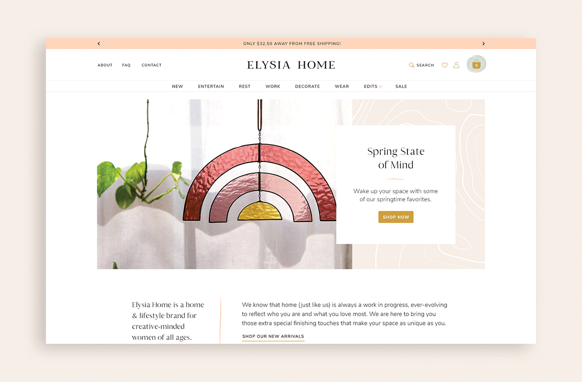 A custom Shopify site for a home and lifestyle brand, Elysia Home. Homepage design, guiding shoppers through the various collections, and helping customers self-identify as the right fit with the brand.