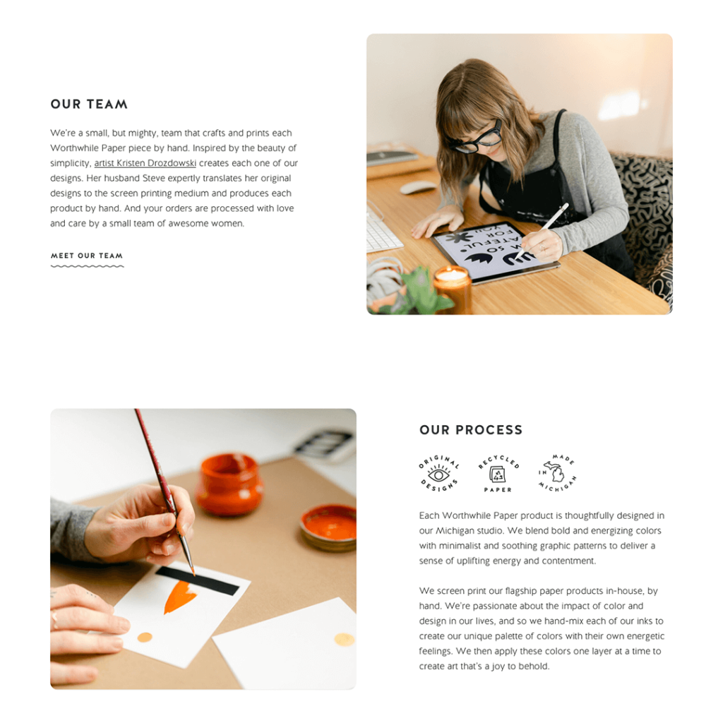 About page design for a stationery brand