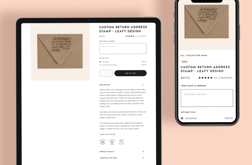 Shopify product page design for a stationery brand