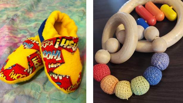 Booties from EG Baby Design; Teether Toys from HABA USA and The Beaded Muse