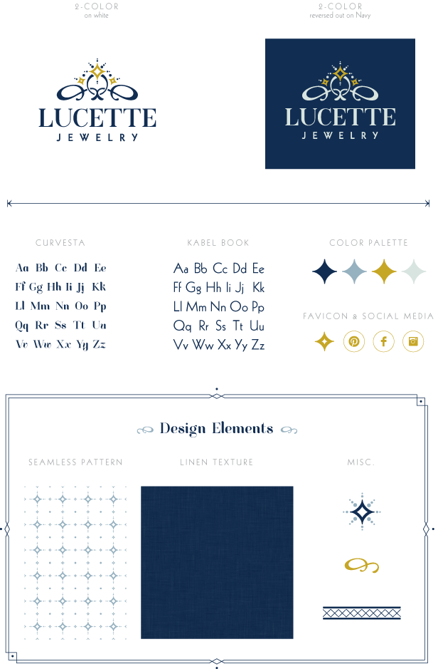 Branding and business naming project for Lucette Jewelry; shown here is the new branding guide by Margot Harrington for Aeolidia