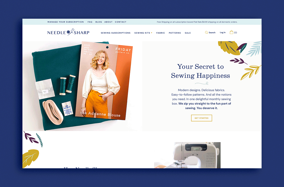 Scrolling home page of a sewing and fabric brand design