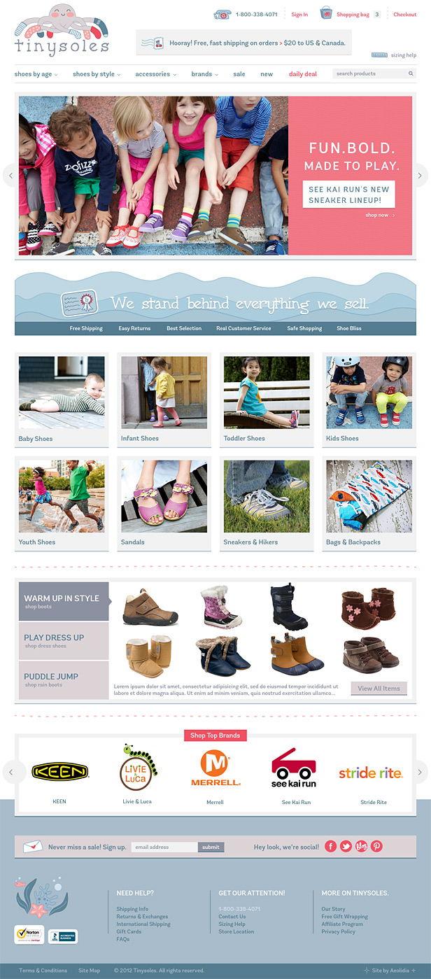 TinySoles' home page - preparing for a website launch for a children's shoe brand
