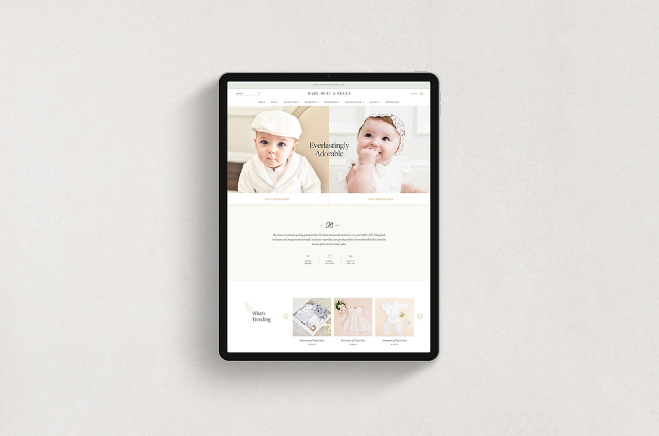 Mobile first website design for handmade baby clothes company.