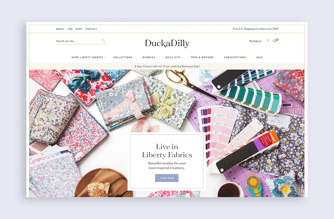 Homepage design for a fabric shop website, featuring categories, products, and blog posts.